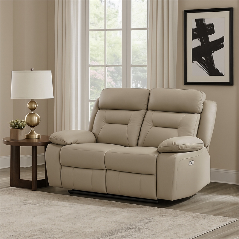 Conia Power Double Recliner Loveseat-USB-Latte Beige Leather 63 Inch