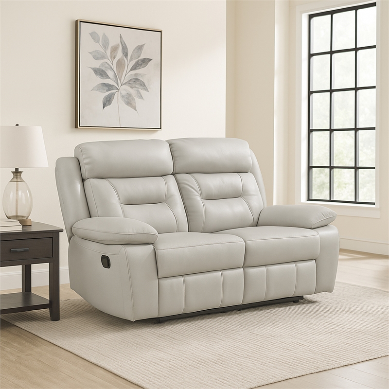 Conia Manual Dual Recliner Loveseat-Light Gray Silver Leather 63 Inch