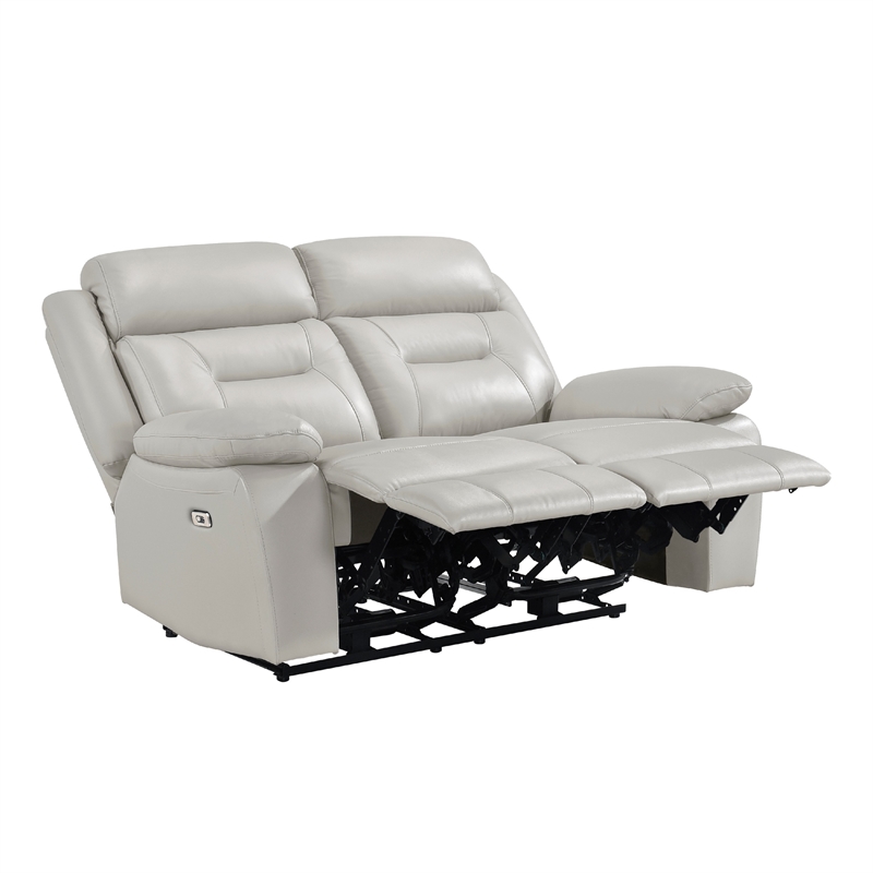 Conia Power Dual Recliner Loveseat-Light Silver Leather-USB-63 Inch
