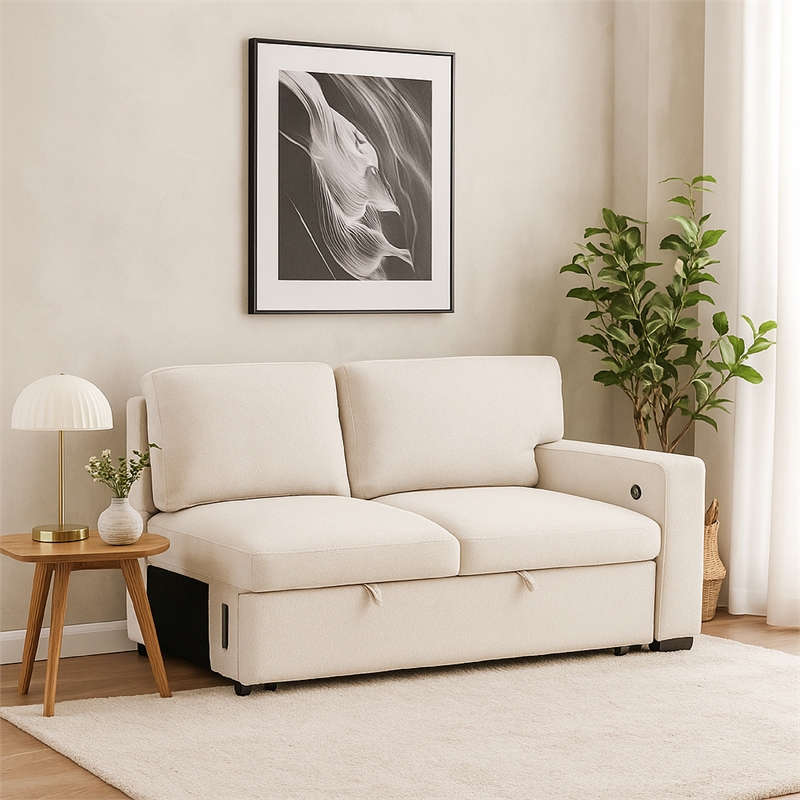 Ompa Modular Armless Sofa with Storage-Cream Beige Boucle-52 Inch