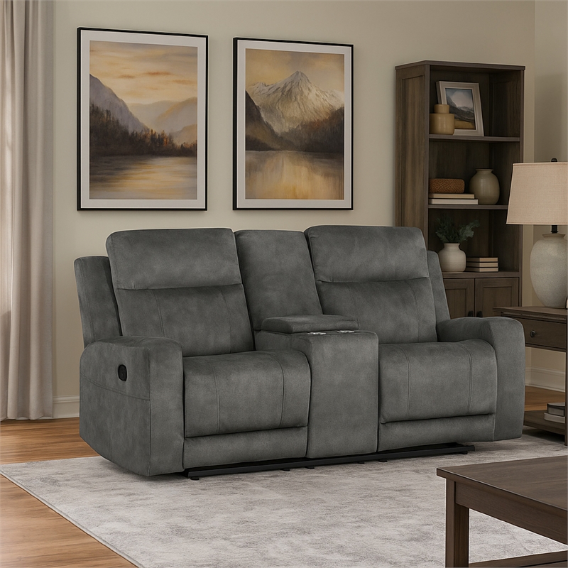 Tesy Manual Recliner Loveseat-Console-Dark Gray Microfiber 71 Inch