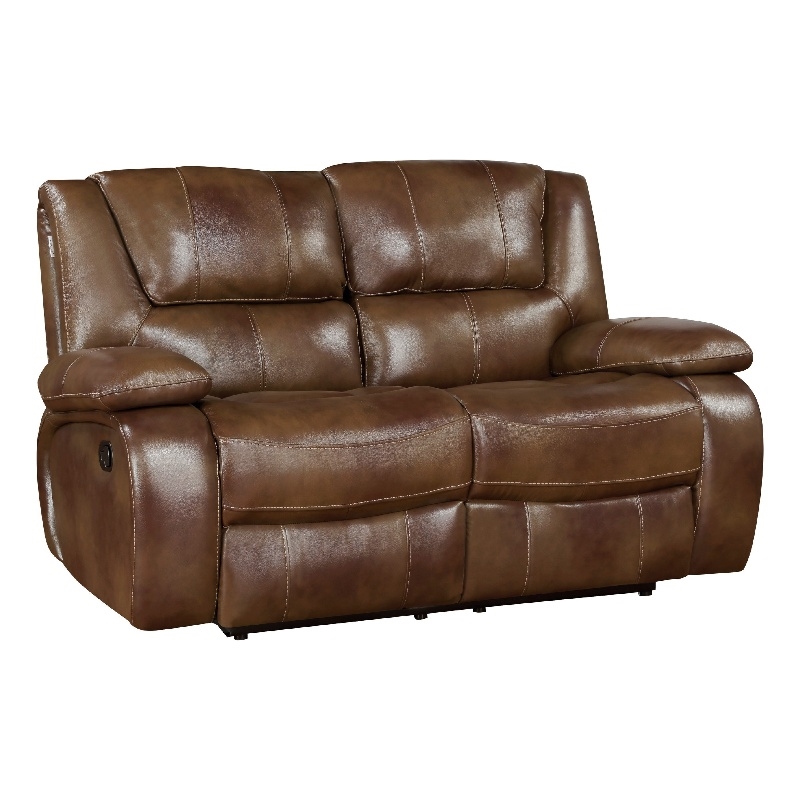 Licot Manual Double Recliner Loveseat-Glossy Brown Leather-64 Inch