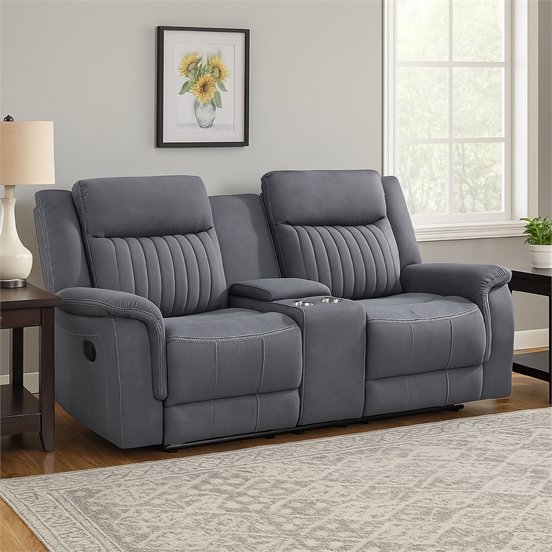 Lenny Manual Reclining Loveseat-Cup Holders-Gray Microfiber-75 Inch