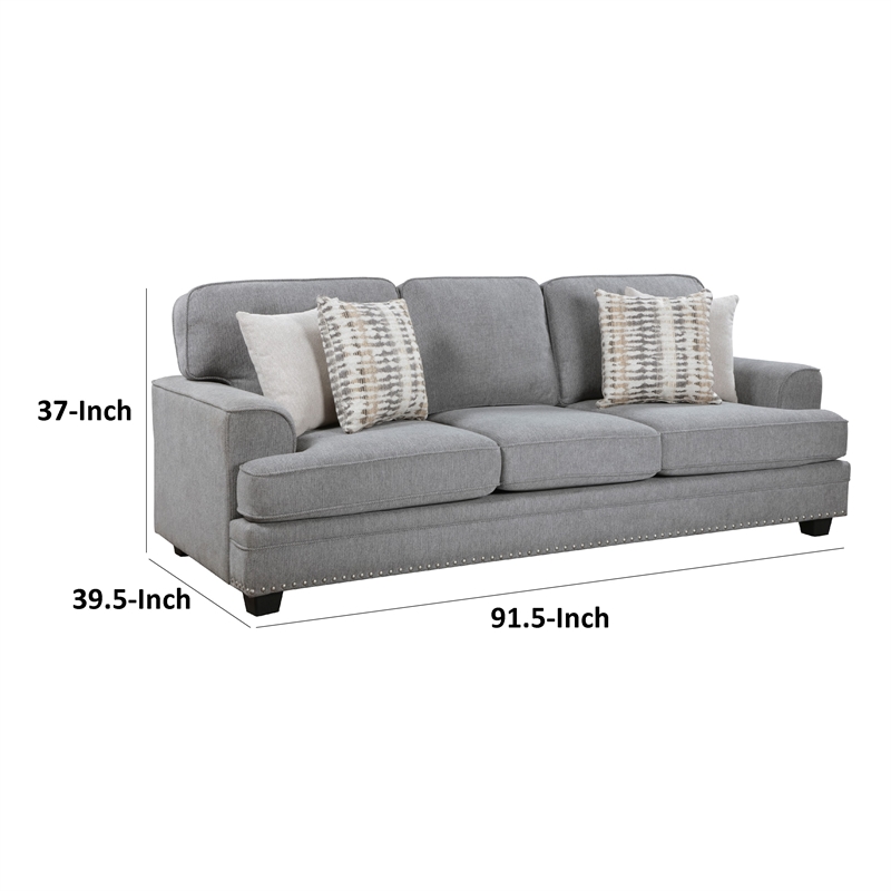 Brady Sofa with 4 Pillows-Gray Chenille-Nailhead Trim-92 Inch