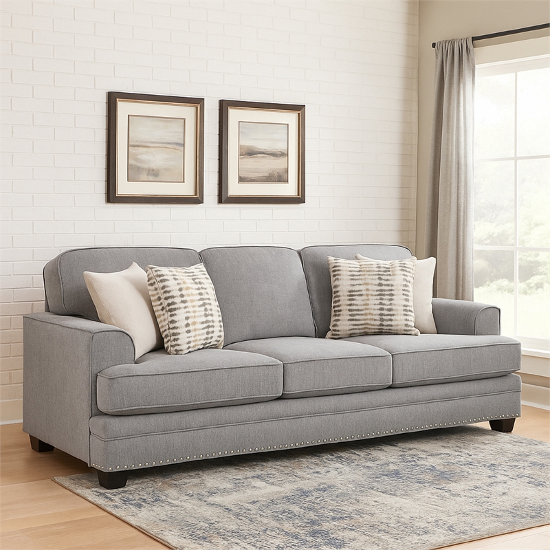 Brady Sofa with 4 Pillows-Gray Chenille-Nailhead Trim-92 Inch