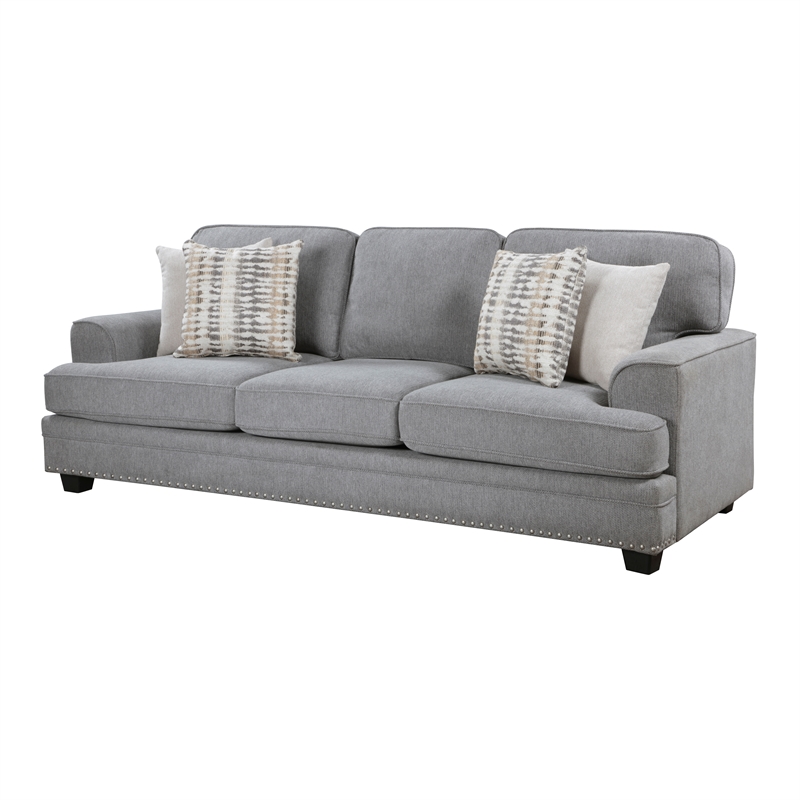 Brady Sofa with 4 Pillows-Gray Chenille-Nailhead Trim-92 Inch
