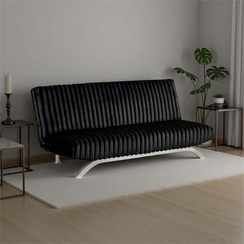 Villy Futon Sofa Bed-Chrome Metal Legs-Black Channel Tufted Fabric