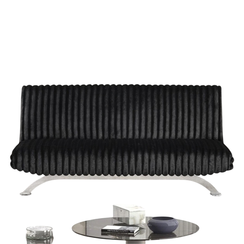 Villy Futon Sofa Bed-Chrome Metal Legs-Black Channel Tufted Fabric