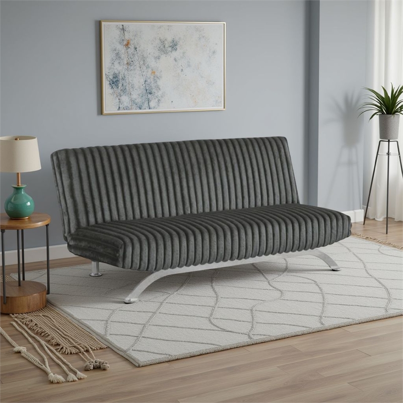 Villy Futon Sofa Bed-Chrome Metal Legs-Charcoal Channel Tuft Fabric