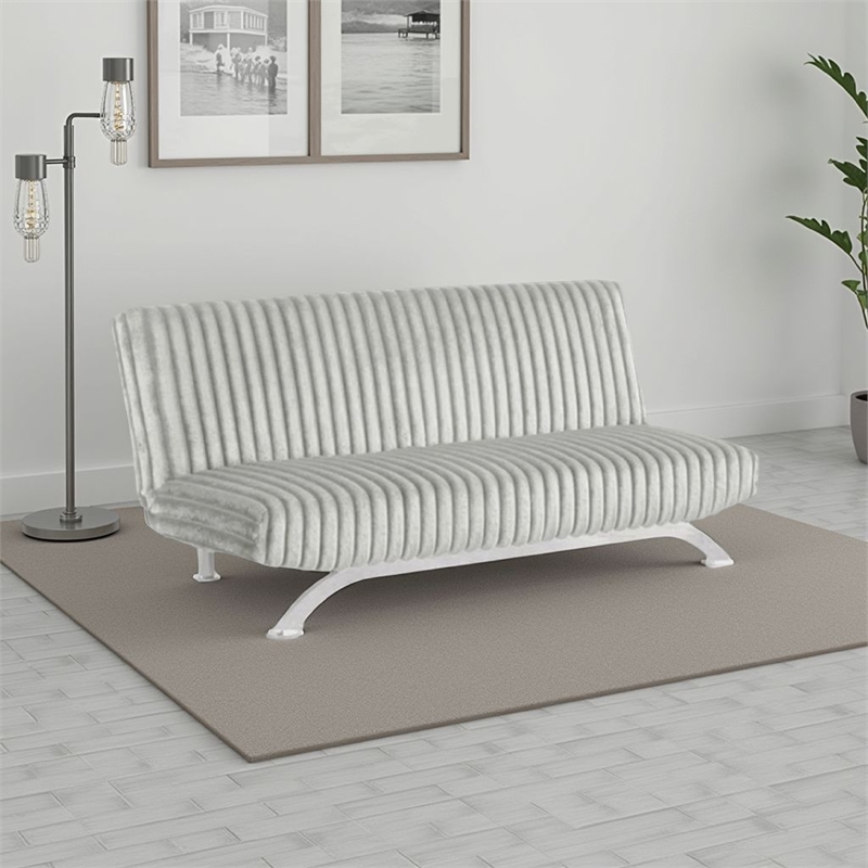 Villy Futon Sofa Bed-Chrome Metal Legs-Gray Channel Tufted Fabric