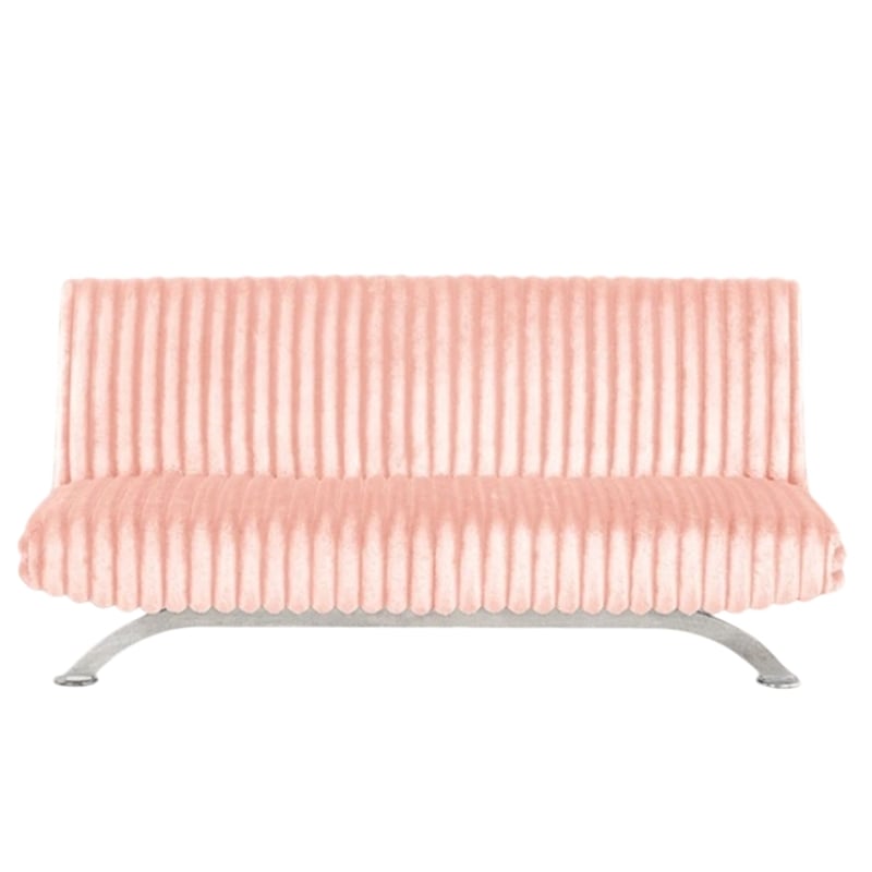 Villy Futon Sofa Bed-Chrome Metal Legs-Pink Channel Tufted Fabric