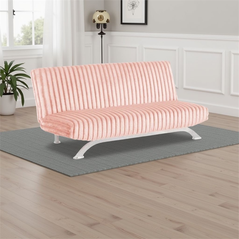 Villy Futon Sofa Bed-Chrome Metal Legs-Pink Channel Tufted Fabric