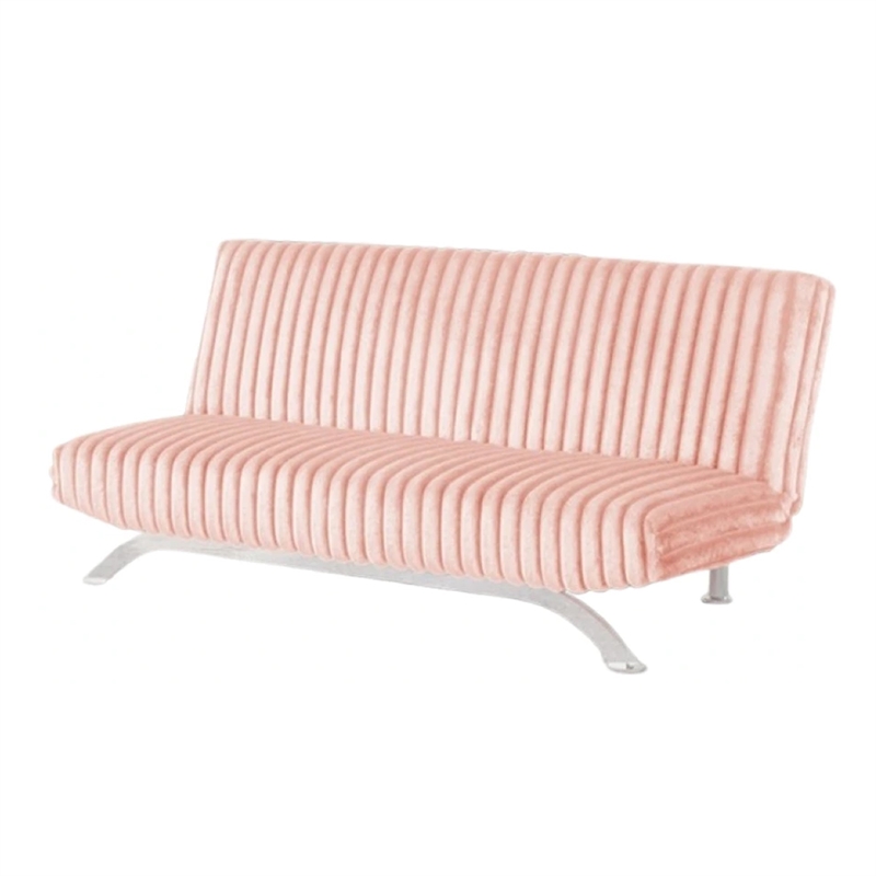 Villy Futon Sofa Bed-Chrome Metal Legs-Pink Channel Tufted Fabric