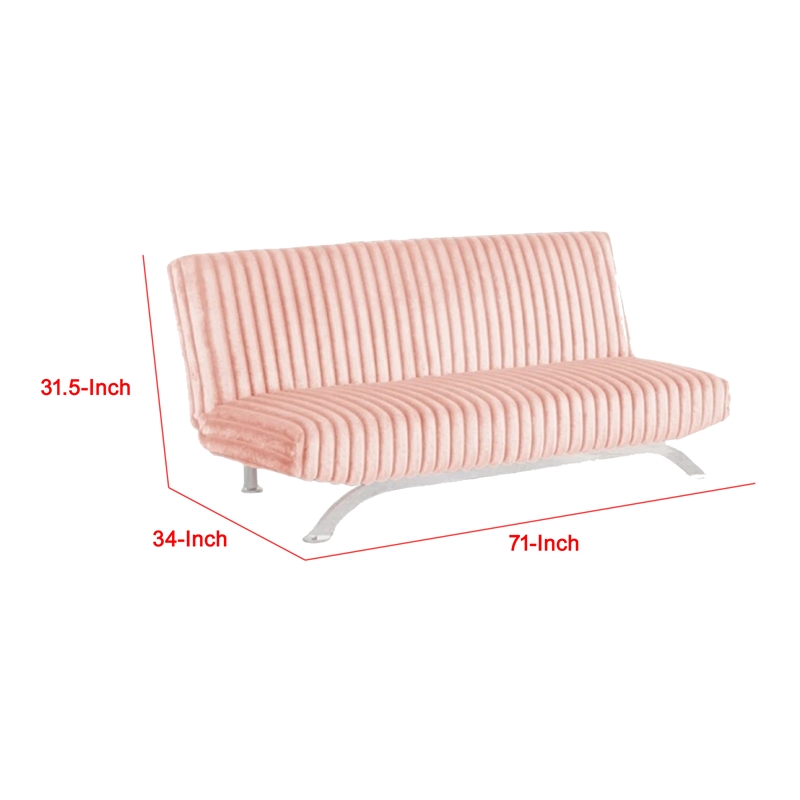 Villy Futon Sofa Bed-Chrome Metal Legs-Pink Channel Tufted Fabric