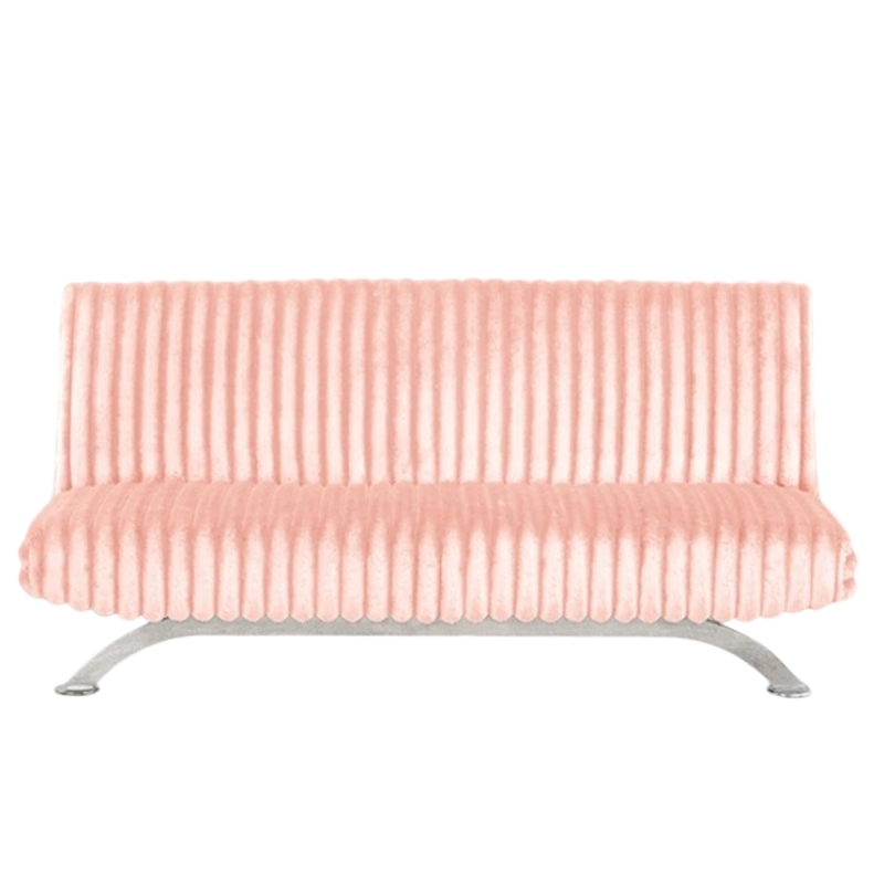 Villy Futon Sofa Bed-Chrome Metal Legs-Pink Channel Tufted Fabric