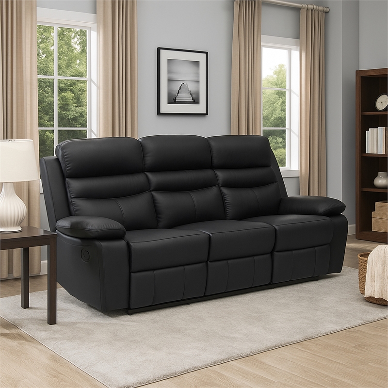 Hanna Manual Double Reclining Sofa-Black Top Grain Leather-87 Inch