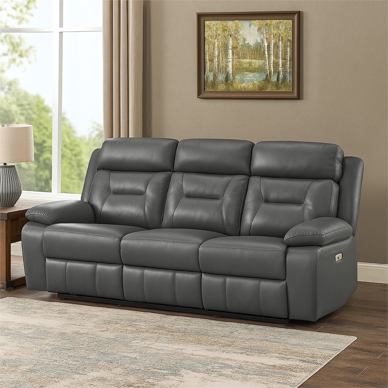 Conia Power Double Recliner Sofa-Dark Gray Leather-USB-87 Inch