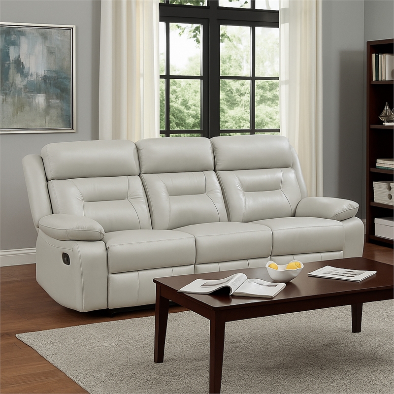 Conia Manual Double Reclining Sofa-Light Gray Silver Leather-87 Inch