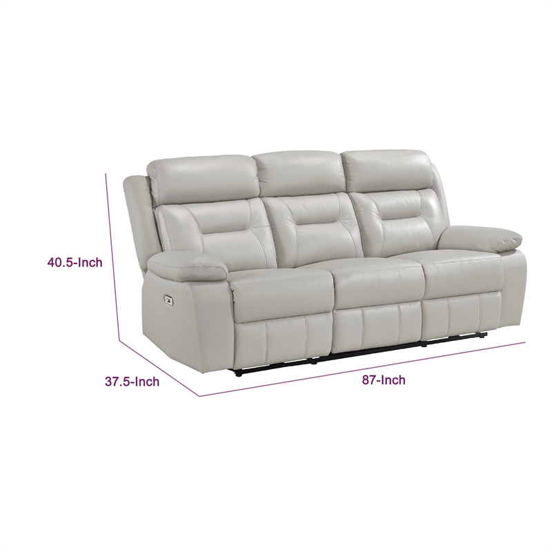 Conia Power Double Reclining Sofa-Light Silver Leather-USB-87 Inch