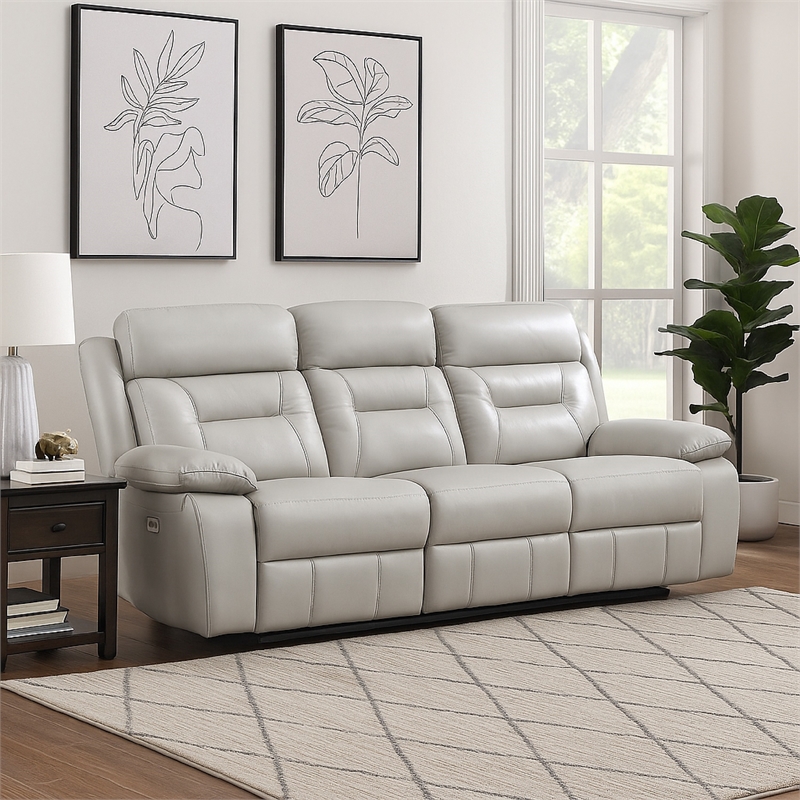 Conia Power Double Reclining Sofa-Light Silver Leather-USB-87 Inch