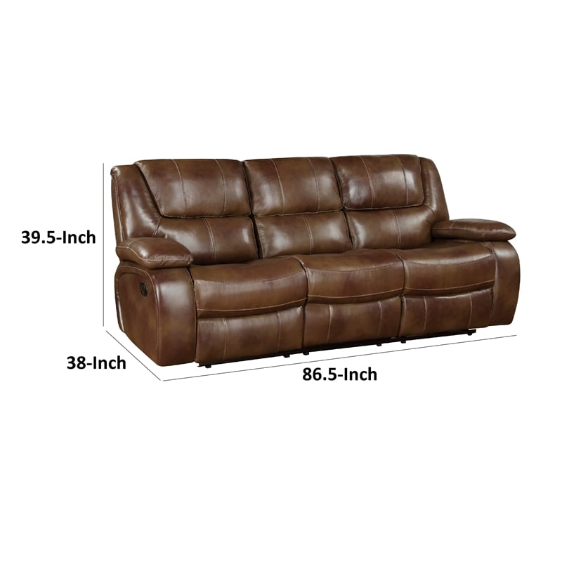 Licot Manual Double Recliner Sofa-Glossy Brown Leather-87 Inch