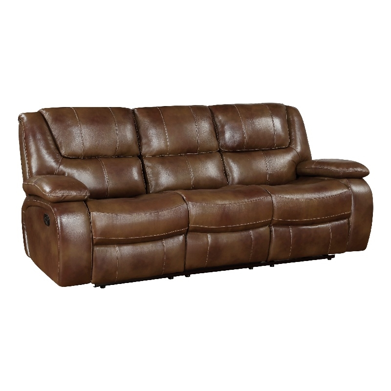 Licot Manual Double Recliner Sofa-Glossy Brown Leather-87 Inch