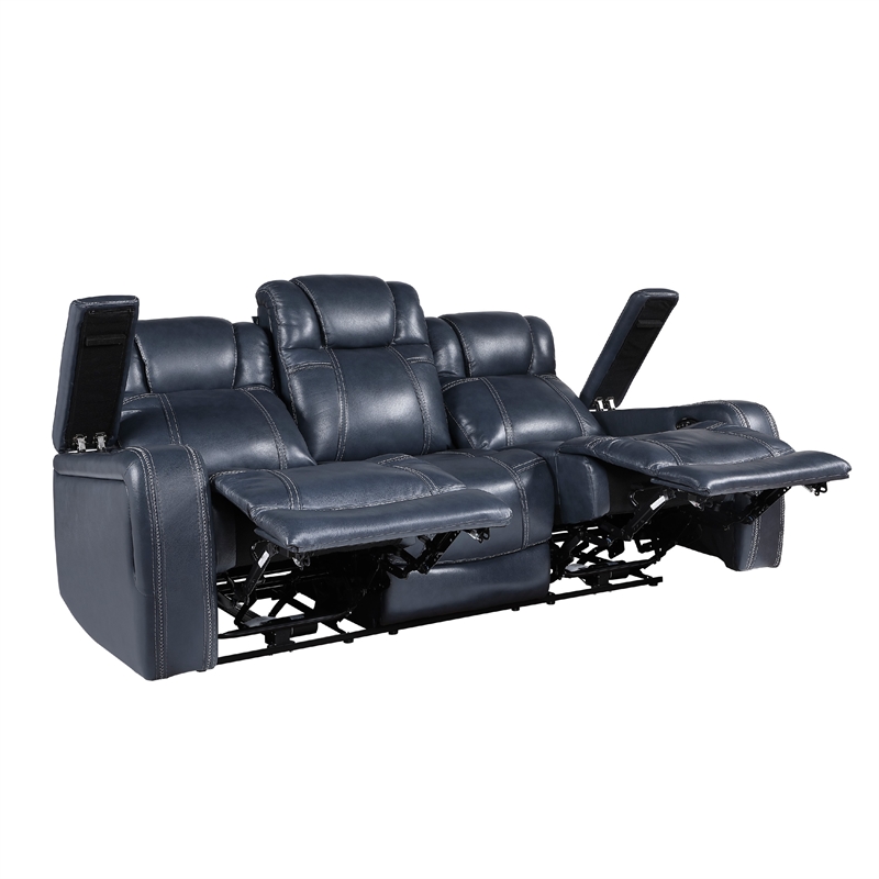 Ezia Power Double Reclining Sofa-Storage Arms-Blue Leather-84 Inch