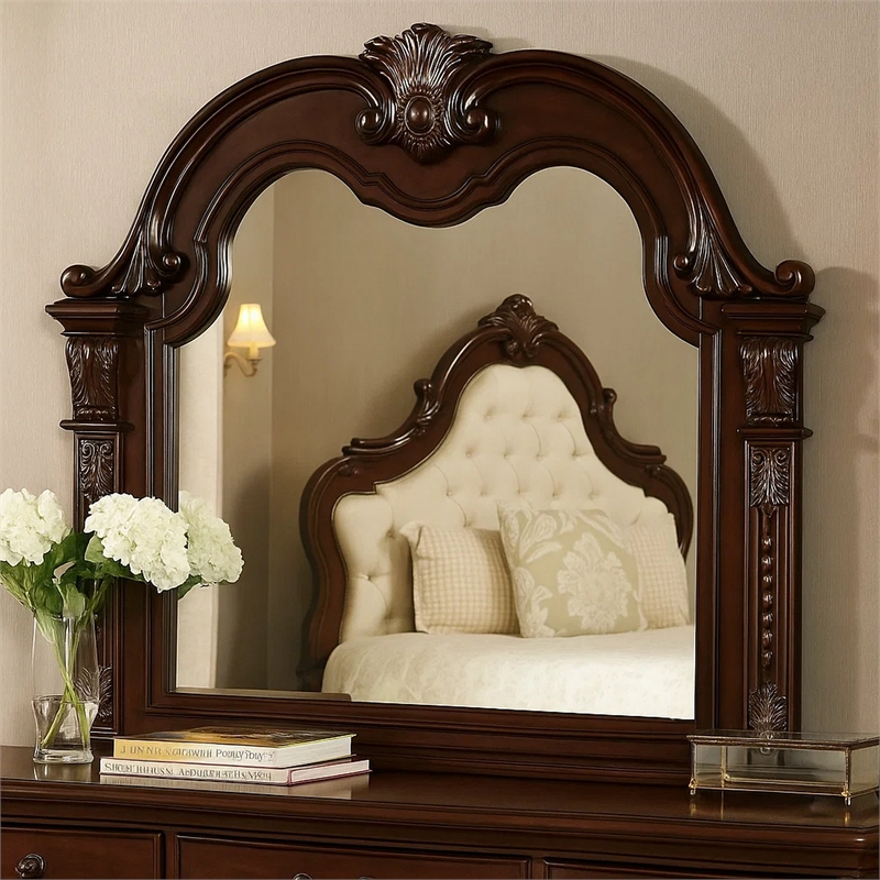 Kera Vanity Dresser Mirror-Vintage Camelback Design-Cherry Brown