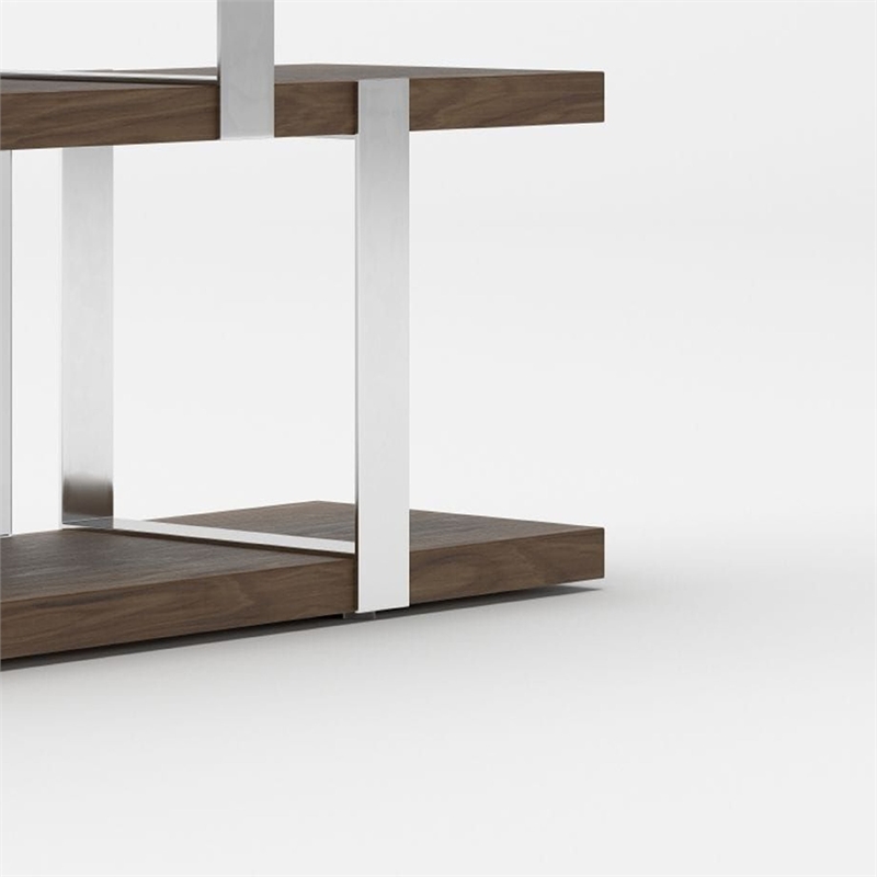 Cid Brow 4 Tier Bookshelf-71 Inch Stainless Steel w Glass Panel Back-Brown