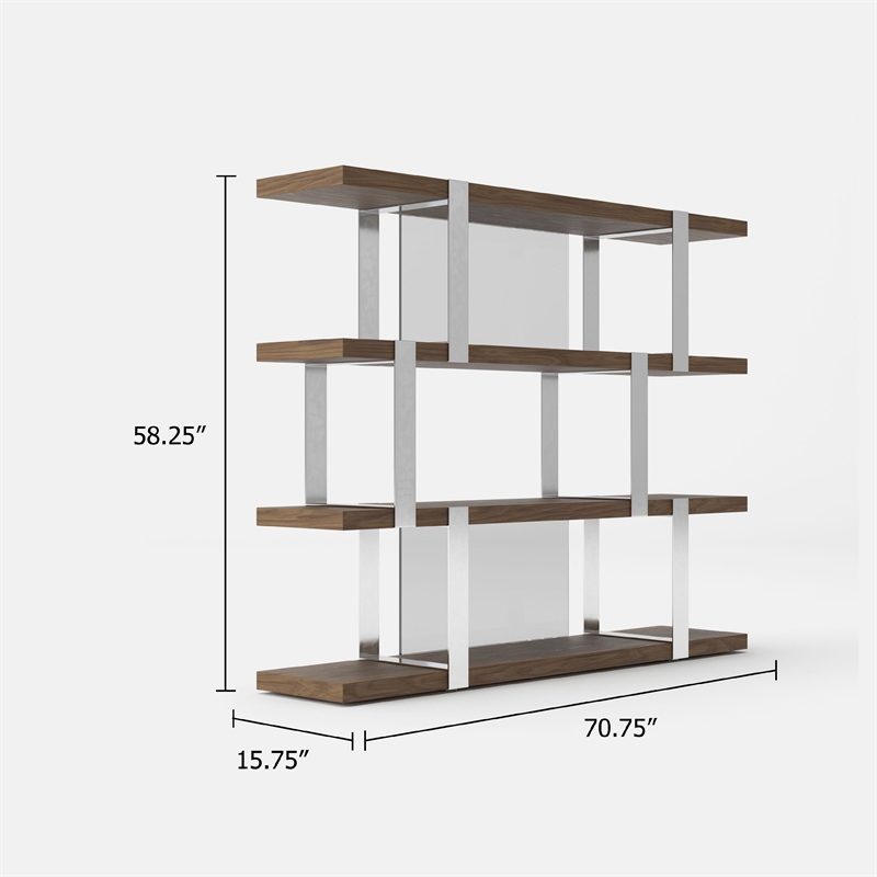 Cid Brow 4 Tier Bookshelf-71 Inch Stainless Steel w Glass Panel Back-Brown