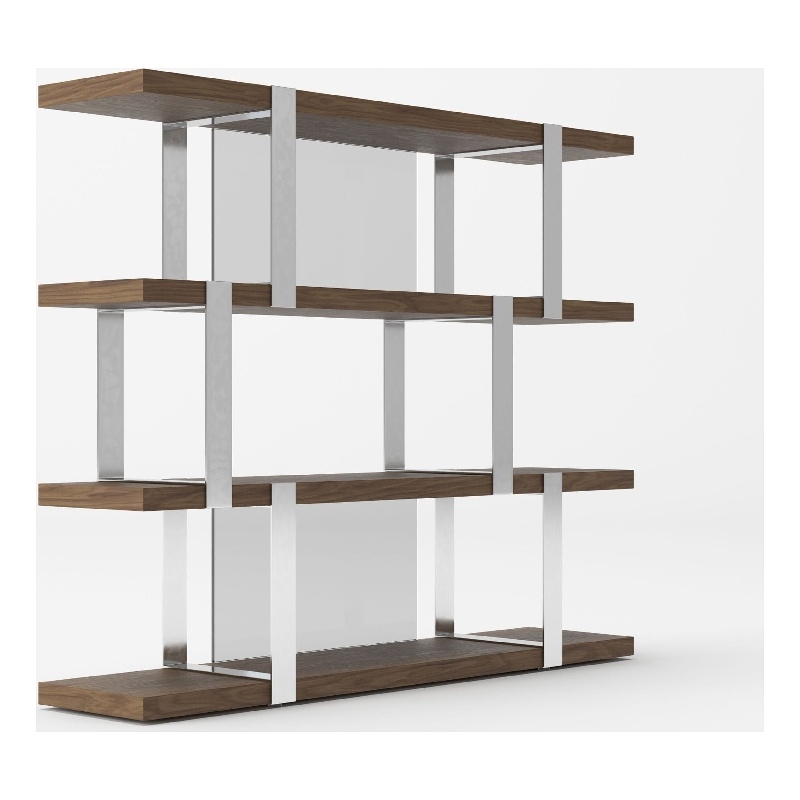 Cid Brow 4 Tier Bookshelf-71 Inch Stainless Steel w Glass Panel Back-Brown