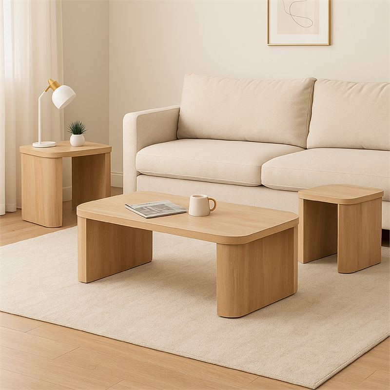 Asoi 3pc Coffee and End Table Set-Natural Brown Scandinavian Veneer