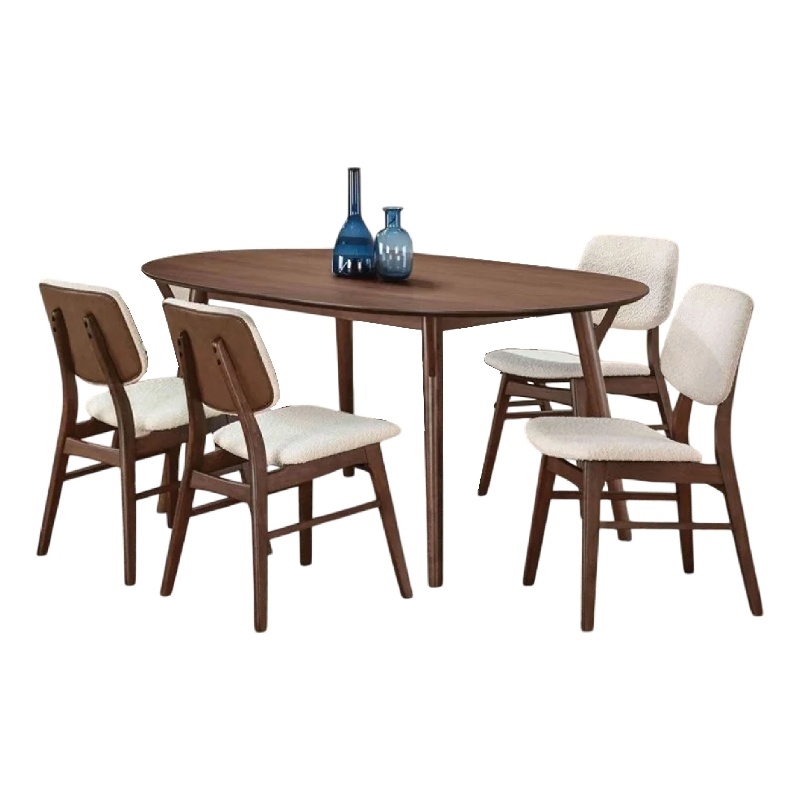 Lexy 5pc Dining Table and 4 Chair Set-Beige Boucle Seats-Walnut Brown
