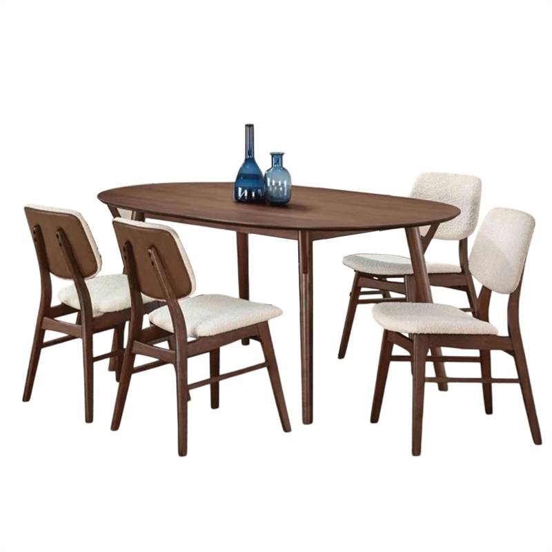 Lexy 5pc Dining Table and 4 Chair Set-Beige Boucle Seats-Walnut Brown
