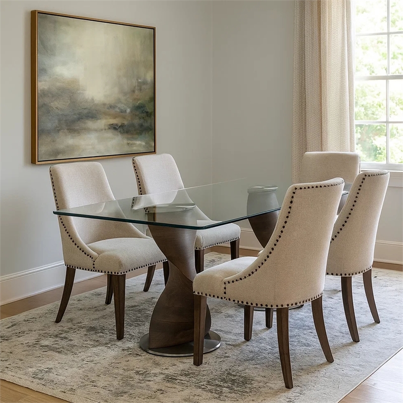 Cid Cleve Dining Table-Gray Wood-95 Inch Clear Tempered Glass Top