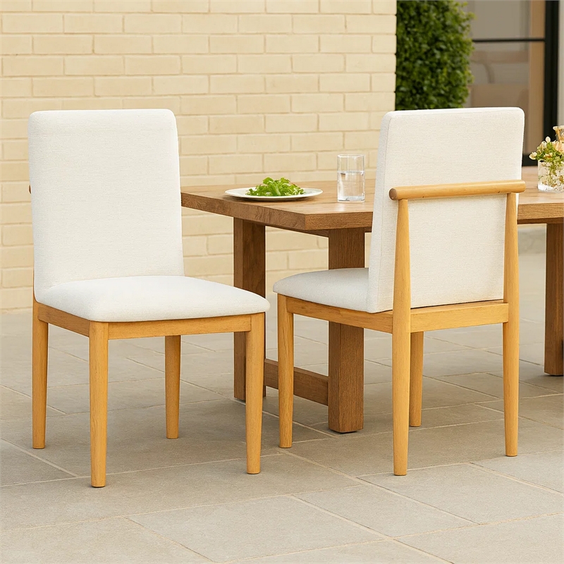 Side Dining Chair Set of 2-Solid Wood-Cream Textured Woven Fabric