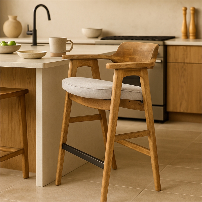 Zsy Barstool Chair w Curved Back-Natural Brown Birch Wood-Anew Gray