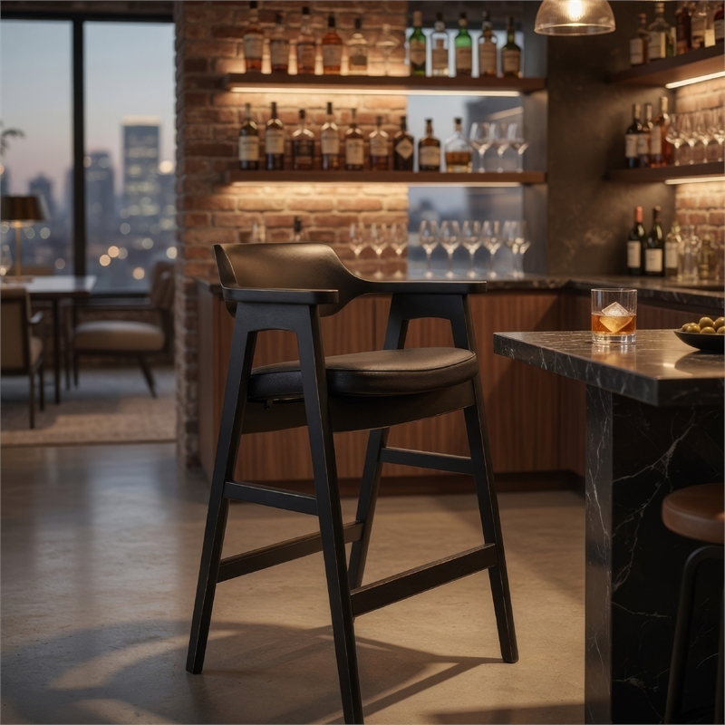 Zsy Barstool Chair-Curved Back-Black Birch Wood and Faux Leather