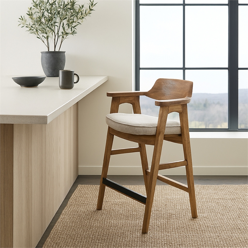 Zsy Counter Stool Chair-Open Back Natural Brown Birch Wood-Anew Gray