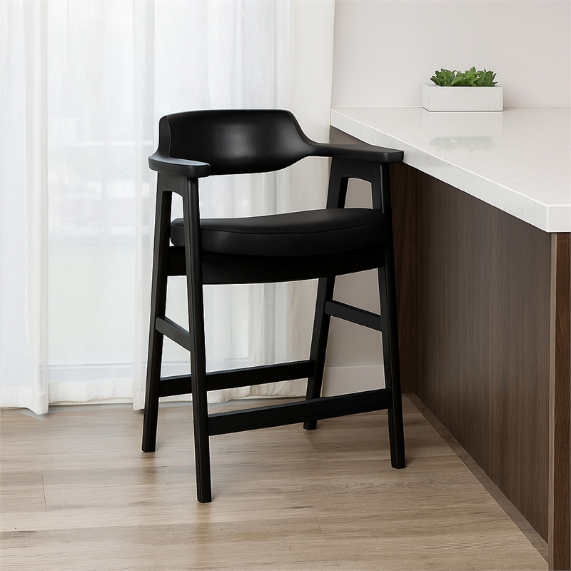 Zsy Counter Stool Chair-Open Back-Black Birch Wood and Faux Leather