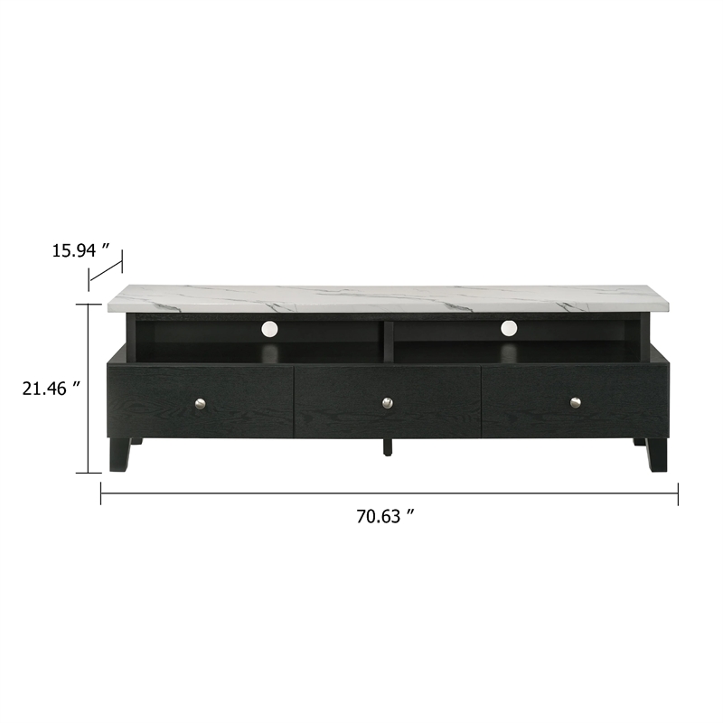 Fiaz 71 Inch TV Stand Media Cabinet-3 Drawers w 2 Shelves-White Top