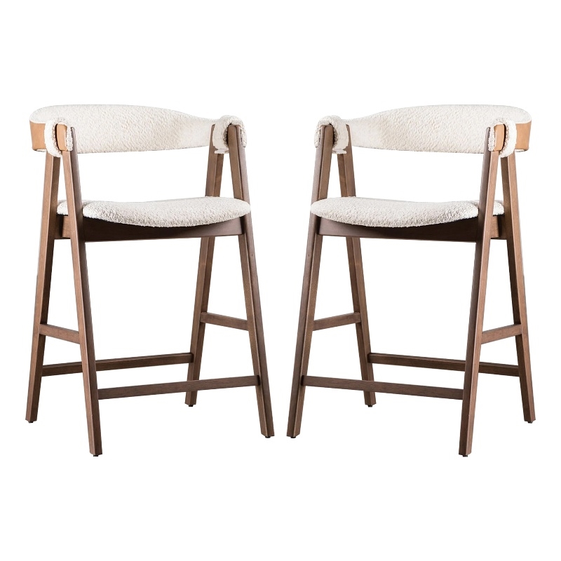 Ebik Counter Stool Chair Set of 2-Walnut Brown Wood-Beige Boucle