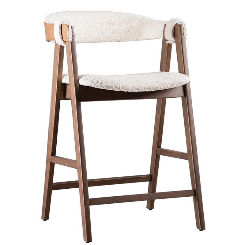 Ebik Counter Stool Chair Set of 2-Walnut Brown Wood-Beige Boucle