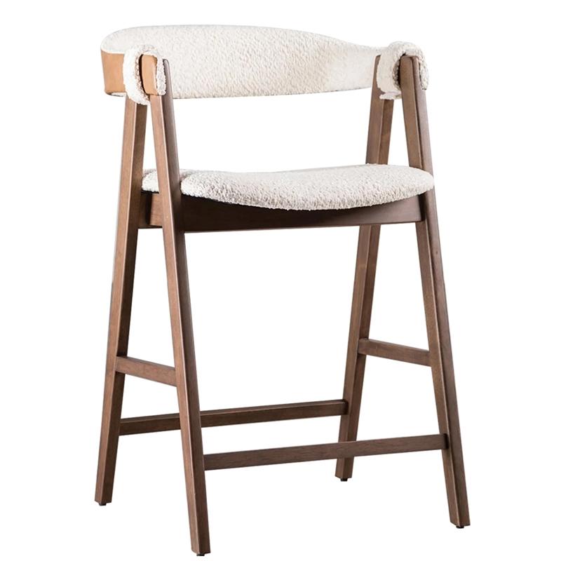 Ebik Counter Stool Chair Set of 2-Walnut Brown Wood-Beige Boucle