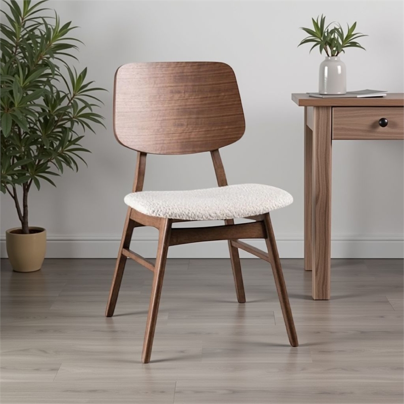 Narv Side Dining Chair Set of 2-Curved Panel Back-Walnut Brown Wood-Beige