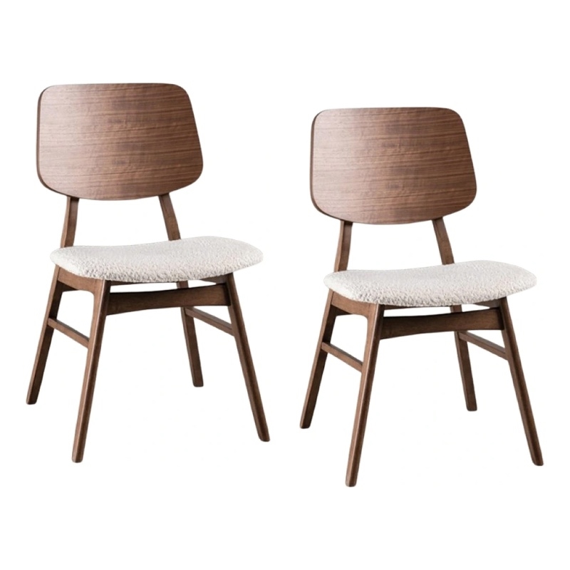 Narv Side Dining Chair Set of 2-Curved Panel Back-Walnut Brown Wood-Beige