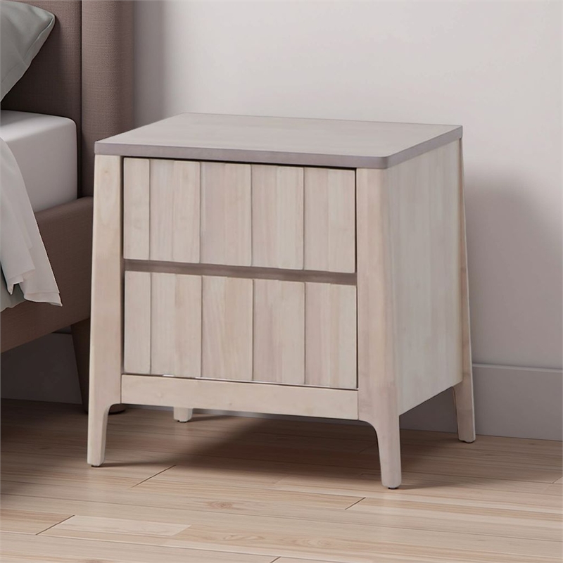 Vasu Nightstand-2 Drawers-White Wash Solid Rubberwood-21 Inch