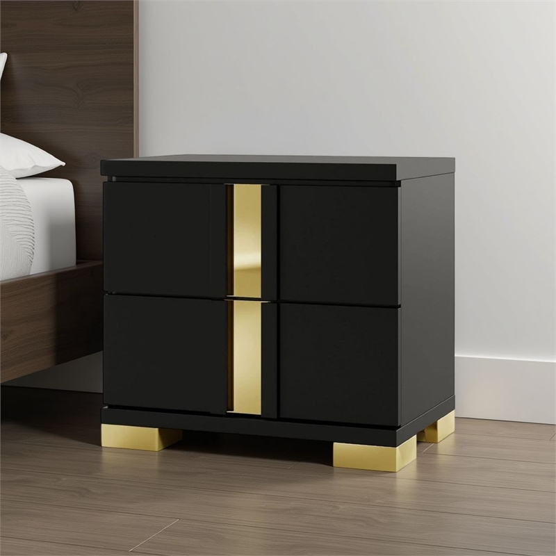 Yoki Nightstand-2 Drawers-Modern Glam Black and Gold-23 Inch