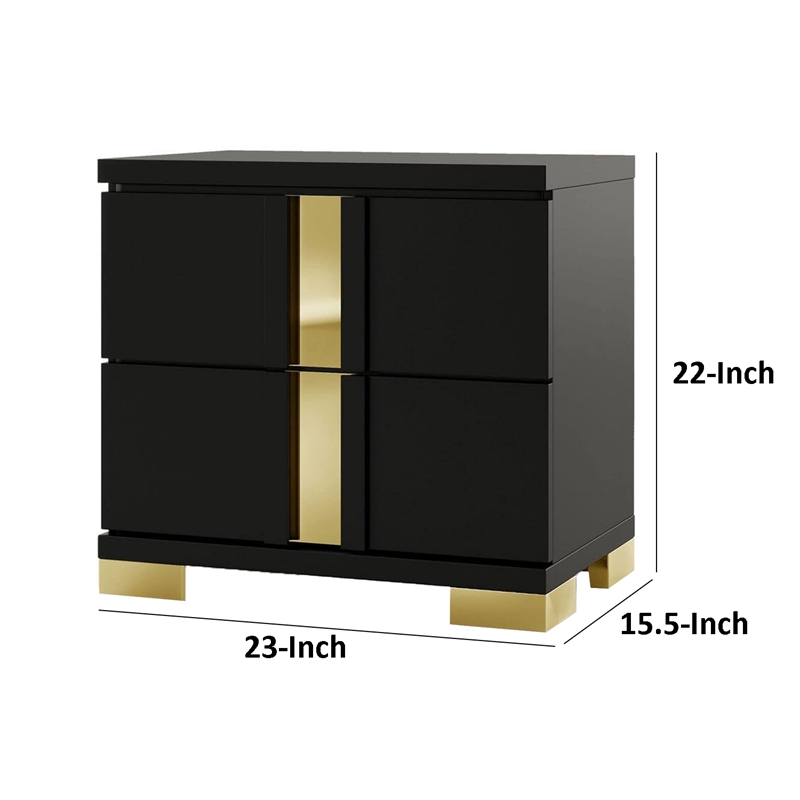 Yoki Nightstand-2 Drawers-Modern Glam Black and Gold-23 Inch