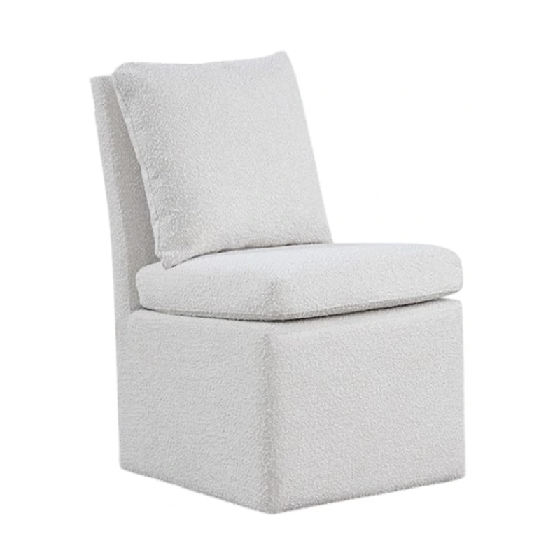 Ager Side Dining Chair with 6 Caster Wheels-Barrel Style-White Boucle